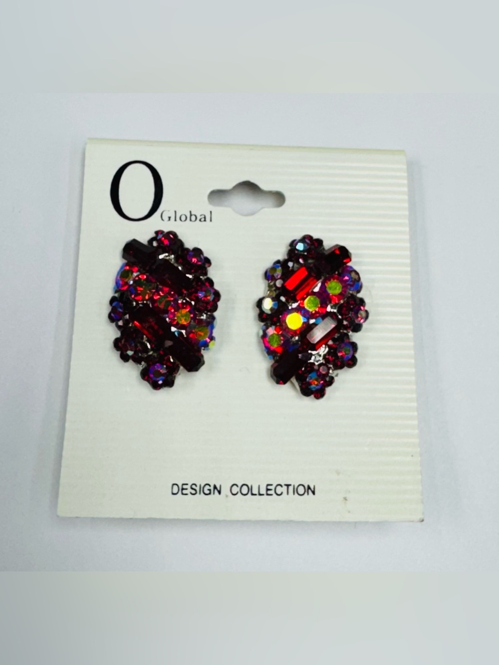 Vintage 90s O Global Design Collection Rhinestone Clip On Earrings Red Multi